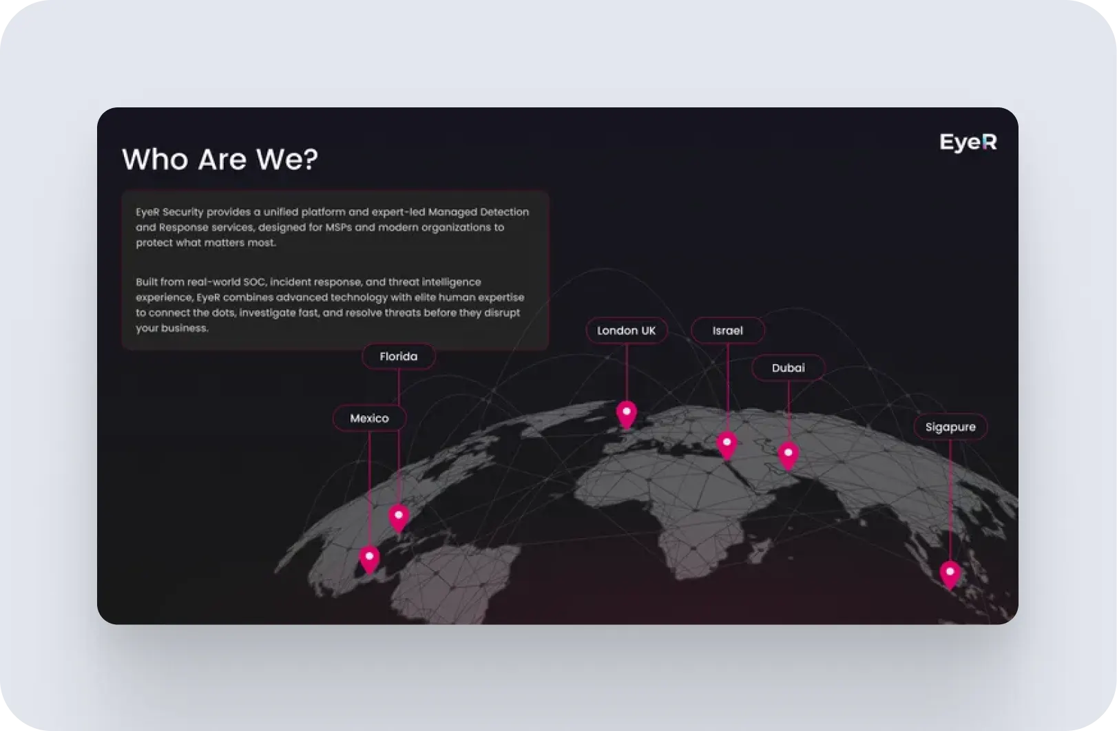 A "who we are" slide with a world map, sales deck