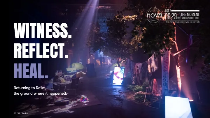Opening slide of the Nova exhibition deck: "Witness. Reflect. Heal." over a dimly lit photo of the exhibition, returning to Re'im, where it happened.